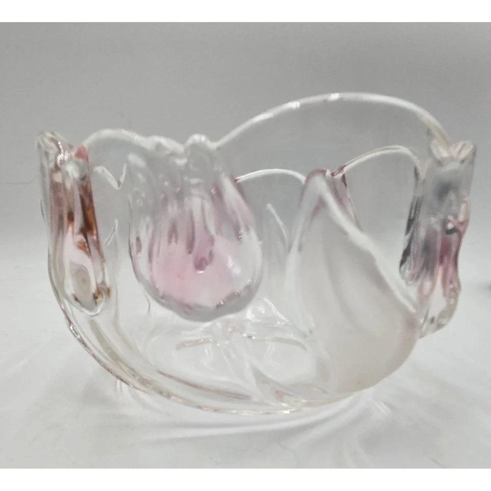 Vintage Pink Tulip Art Glass Bowl Frosted Embossed Floral Candy Dish